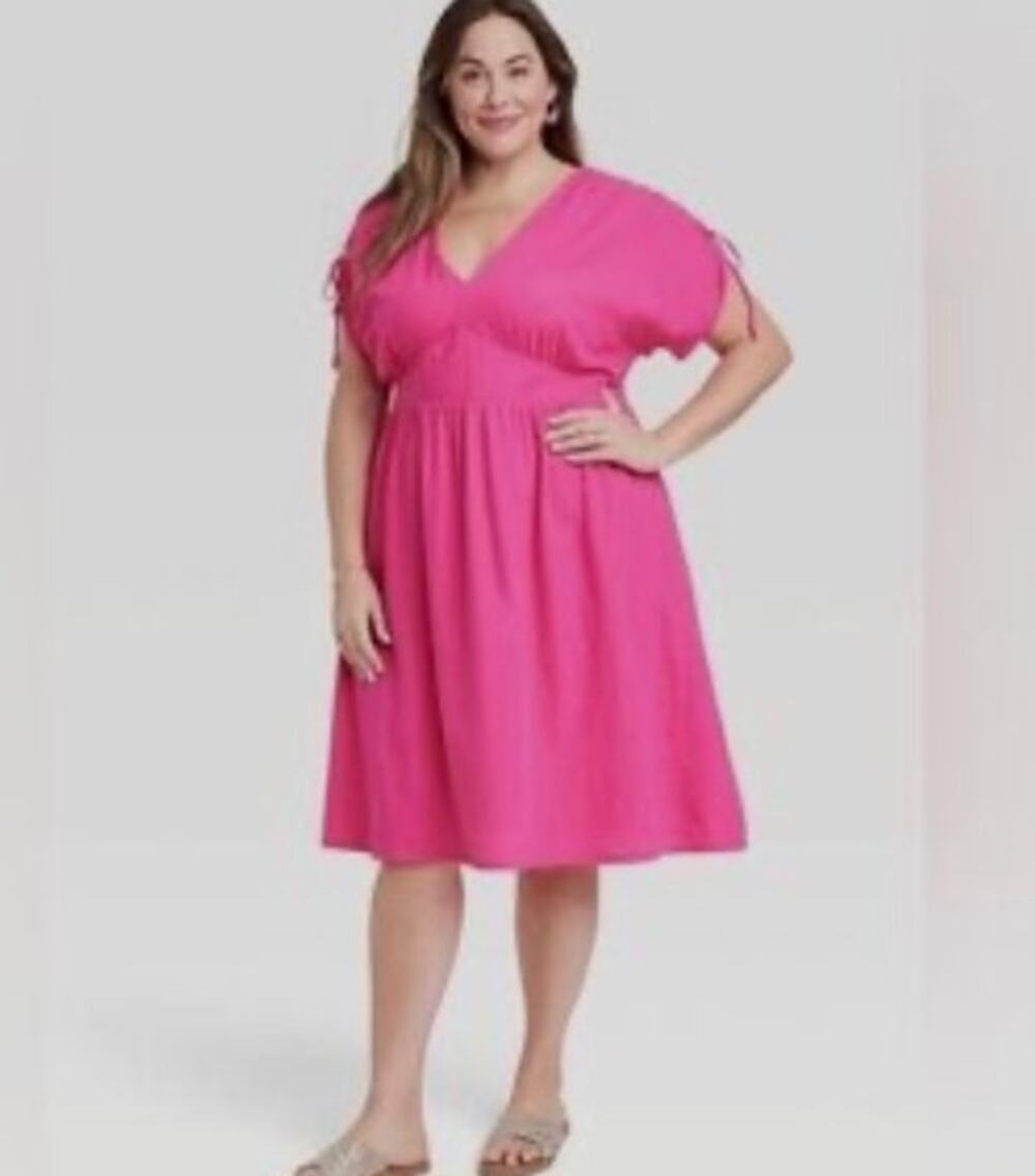 Ava & Viv V-Neck Cotton Midi Dress with Ruched Tie Shoulders 2X